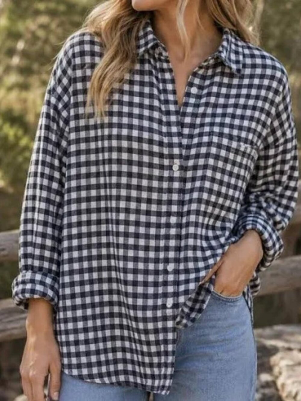 Aerie Black White Gingham Check Button Up Oversized Flannel